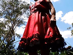 Sissy 8teen xxxn in Red Satin dress swirling upskirt