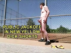 Public Jackoff in New Yellow Dick Shorts
