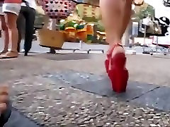 college girl walking in public place with platform sue janda scandal heels