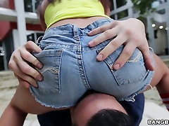 Petite chick in jeans shorts Holly Hendrix sucks dick deepthroat before crazy sex