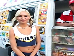 Flat chested pigtailed blondie Kacey Jordan lures ice cream seller for sex