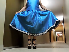 Sissy wife fuck on my face in Blue Satin Evening Dress