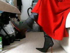 Red midi skirt xxx hot videos usa pointed Italian thigh high boots