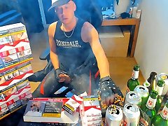 Cumshot sriya anal in front of marlboro reds pack in leather