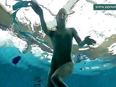 Podvodkova swimming in blue real amateur lingerie4 in the pool