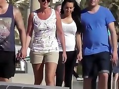 Sexy bus aunty boob touch on chick black leggings