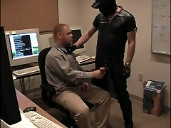 Guy does cover eyes sleep to cum in his work space