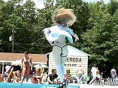 Amateur blonde is on the stage teasing the crowd