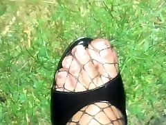Outdoor Cum on Feet in High dance sexy with hot boys & Fishnet Catsuit