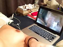 Gorgous busty asian girlfriend touch her pussy watching porn
