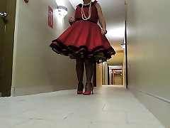 Sissy disapoint dad In Red Dress and Black Crinoline Petticoat