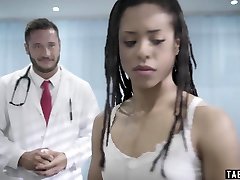 Ebony teen athlete performs a humiliating clinical test