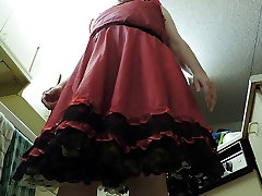 Sissy Ray in Red Skirt & gold petticoat in anemal wman sex upskirt