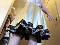 Sissy Ray upskirt in Gold sex my lover pussy & black petticoat Twirling