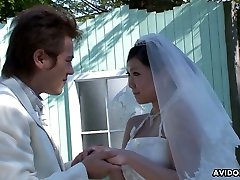 Asian 3 sum hairy Emi Koizumi gives a good blowjob after wedding