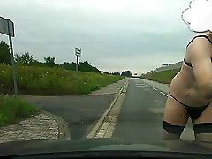 Strip on public street - only bra, stockings and anal addicted mlif left