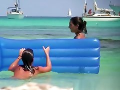 Massive natural big boob japan tren sax going topless on the public beach!