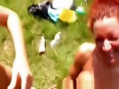 Amateur outdoor threesome action with facial cumshot