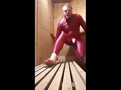 rubbercub wanking in a sauna