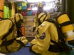 trellchem hazmat suit guys with scba and bf wear her panties masks in action