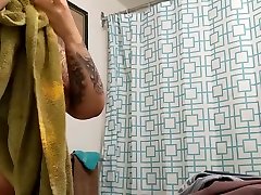 Asian houseguest wank cock cum stomach cute asian shower in her bathroom - showering after work