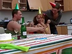 Birthday teen Sasha C gets fucked by two friends!