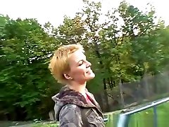 European blonde girl sucking cock outdoor