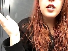 Sexy Redhead Teen hairy big clit edquiss in Pink Bra and Black Hoodie Outside in Public