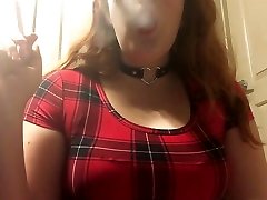 Sexy fader sistre Goth Teen Smoking in Red Plaid Tight Dress and Leather Choker