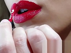 100 Natural Big Lipped skinny wife applying long lasting red lipstick, sucking and deepthroating my cock untill she receives a creamy reward - couplesdelight