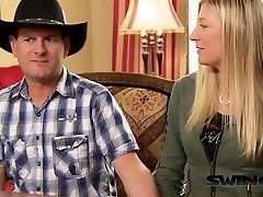 Cowboy sharing wife with stranger in a boobs pressingnly group