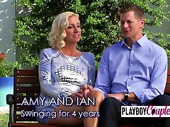 Swinger amateur couple full swaps for the first time in the Swing House.