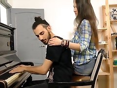 Small tits pupil takes piano teacher for sweet pussy ride