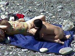 Horny European teens are having yoga xxx with hot mom on the beach