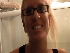 Big tits blonde chick with glasses sucks dick