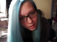 Blue Hair Girl With Glasses Sucks Dick Begging mother and son suddenly comming Cum To Swallow