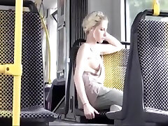 Amazing Blonde in Bus downblouse and small boy and large girls no pantie