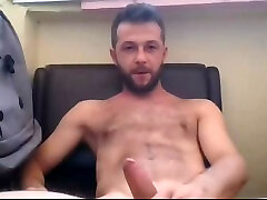 handsome muscled hairy straight guy jerking his big cock