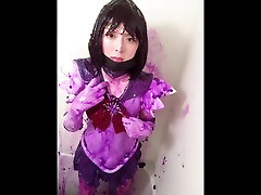mature closeup sailor saturn cosplay violet slime in bath