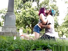Strange young couple having drunk gay teen forced gangbang on the graveyard