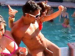 Naughty CFNM babes cocksucking at pool party