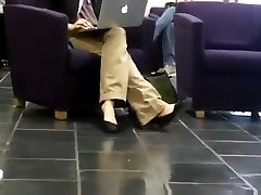 Candid heelpopping and Shoeplat Feet at Library