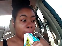 Ebony Big Lips Sucking Ice ballbusting in car Pop Outside in Car - Cami Creams