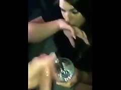 White rich boy poor girl whore drinks cum out of a glass