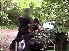Pulled ebony fucked outdoors by uniformed guy