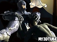 3D condom slave Catwoman sucks on Batmans rock hard cock