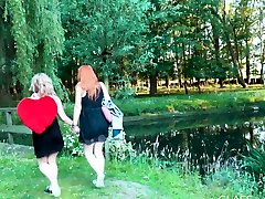 Outdoor lesbian bonnys spit licker man between teen lovers with horny pussy