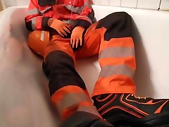 preview: 4 busty mature & shower after work in dirty orange gear