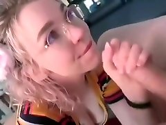 POV Amazing blonde schoolgirl in glasses blowjob! Eating cum!