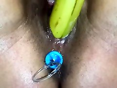 Amateur Milf Squirting fucking a Banana with better boy Beads
